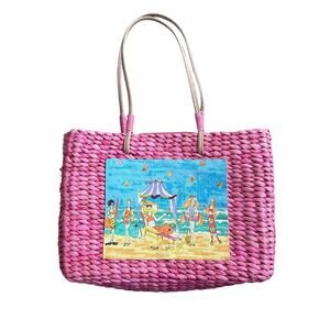 Sun N Sand Pink Straw Tote Bag Woven Beach Scene Embellished Zip Top Purse